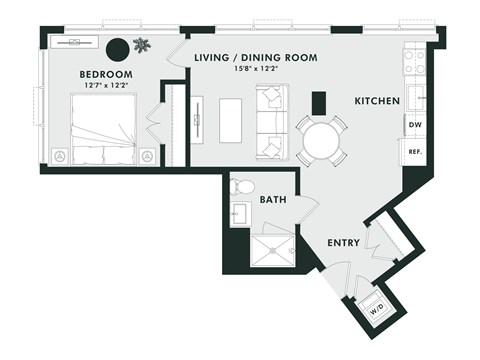 Floor plan for 1 bed, 1 bath, 685 sqft